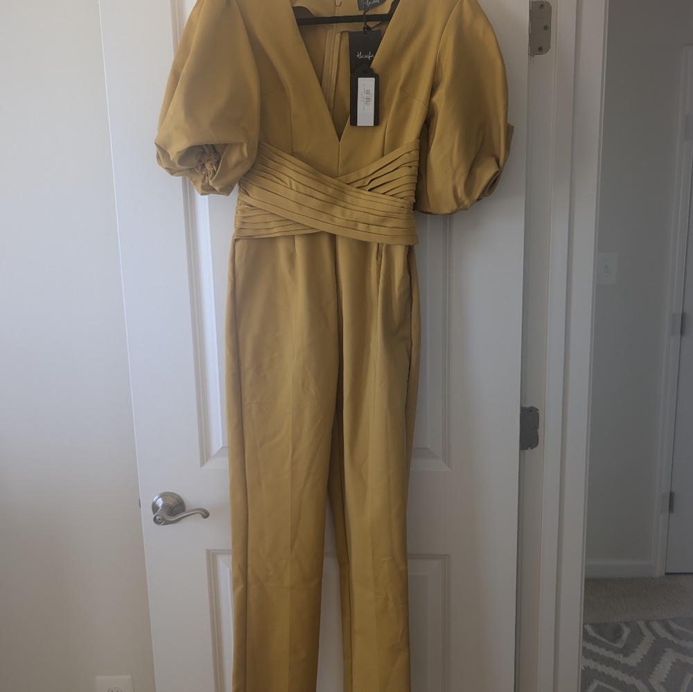 V-Neck Puff Sleeve Jumpsuit in Mustard